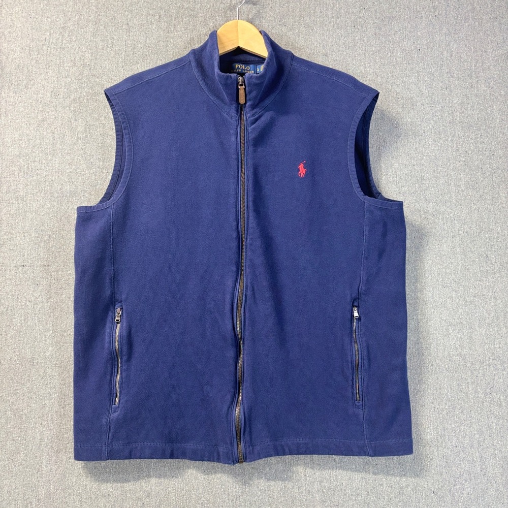 Polo Ralph Lauren Blue Knit Zip Front Vest Mock Neck Normcore Mens Size Large